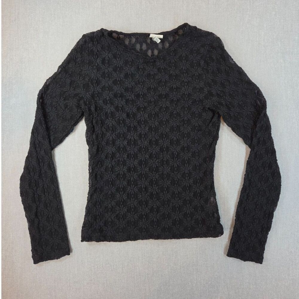 A New Day Women's Small Black Lace Long Sleeve Top Floral Lace Blouse